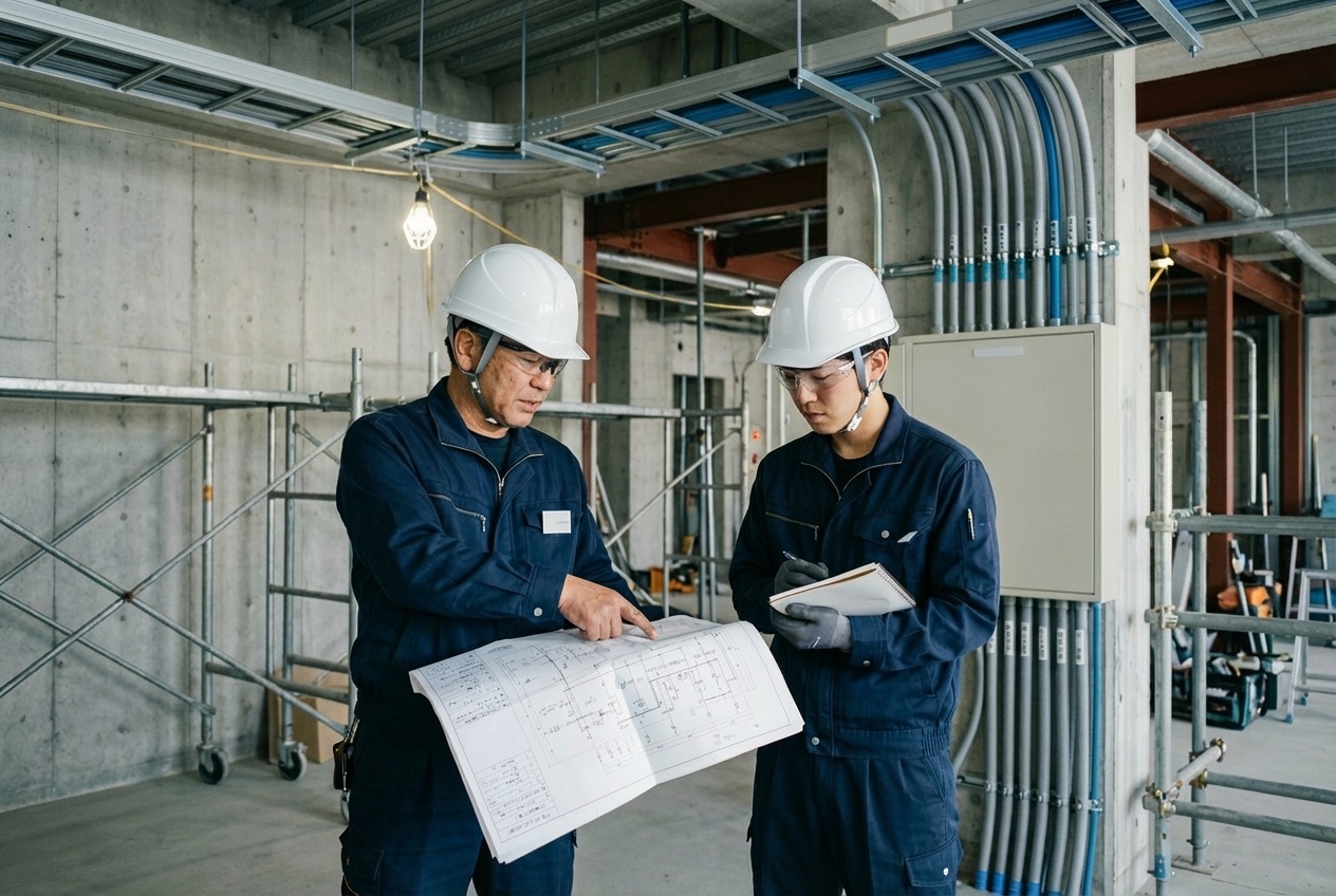 先輩社員と新入社員が現場で確認している様子